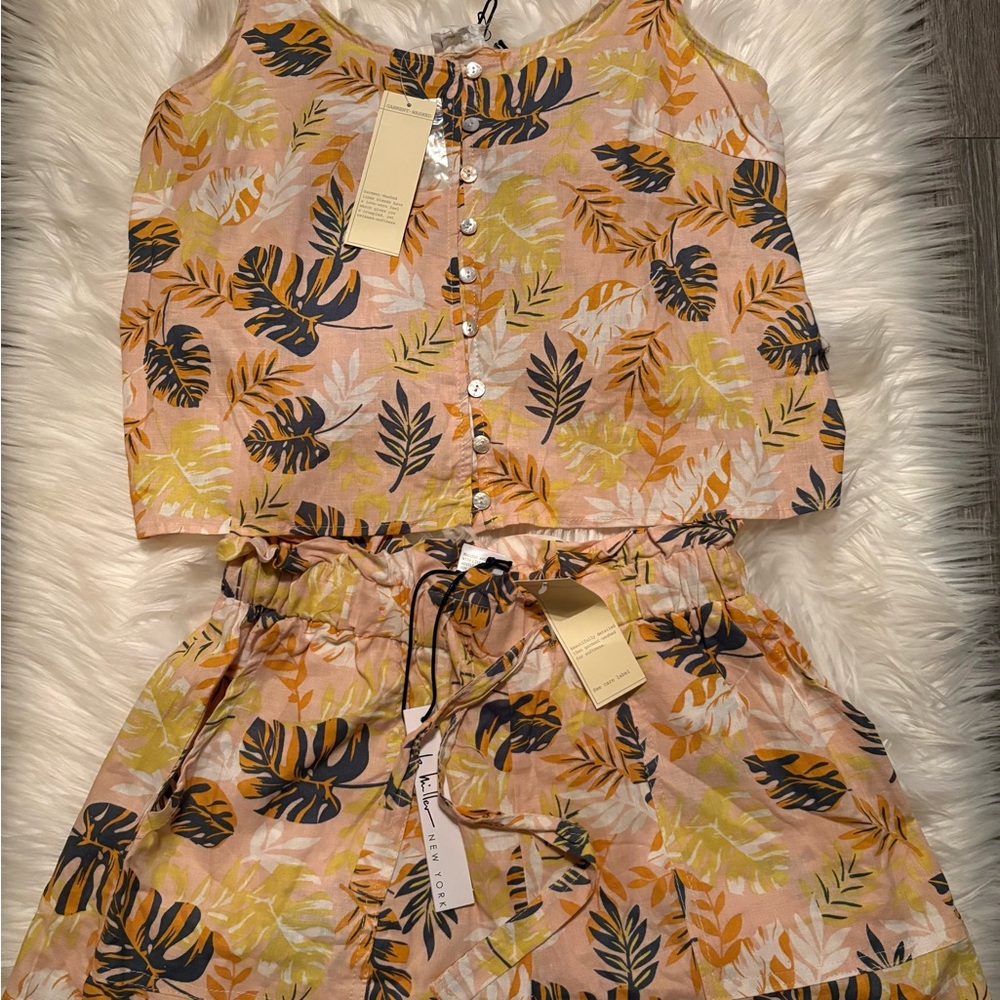 Tropical Leaf Print Linen Tank and Shorts Set - Picture 2 of 4